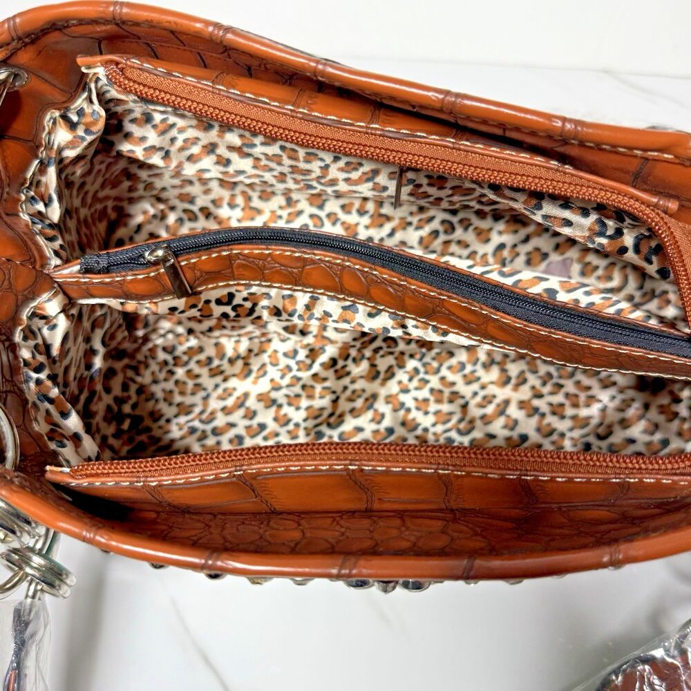 Western Turquoise Rhinestone Cross Handbag Tooled Brown Faux Leather Chain Strap - Picture 12 of 14